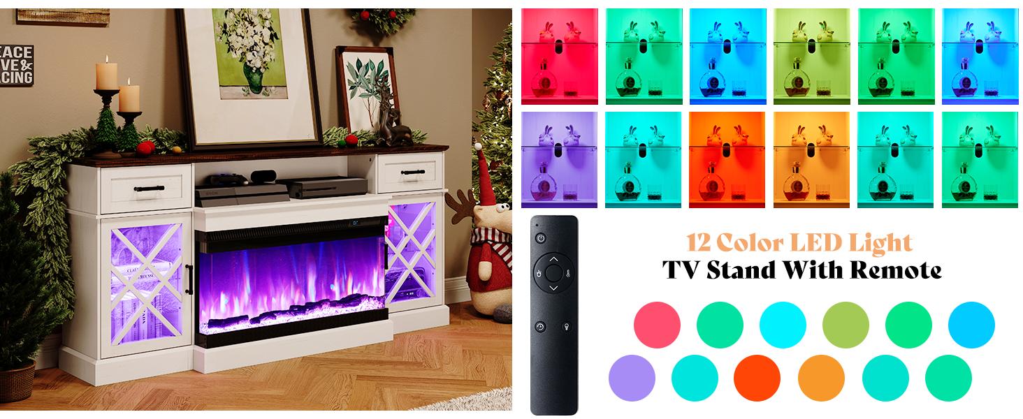 AMERLIFE Farmhouse LED Fireplace TV Stand with 3-Sided Glass Fireplace,70" Large Entertainment Center for TVs up to 80",Living Room/Christmas Gift/Best Gift Ideas