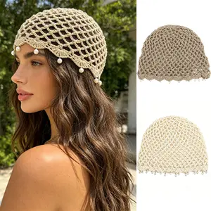 AWAYTR Y2K Summer Crochet Small Sequin Pearl Pendant Beanie Hat for Women Lightweight Hollow Out Knit Beanies Hat Breathable Cap Headwear