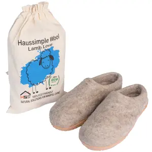 HaussimpleWool Unisex Wool Outdoor Slippers Gray Round Toe Winter Indoor Outdoor Cozy Soft Comfy Shoes Handmade Anti-Skid Rubber Sole