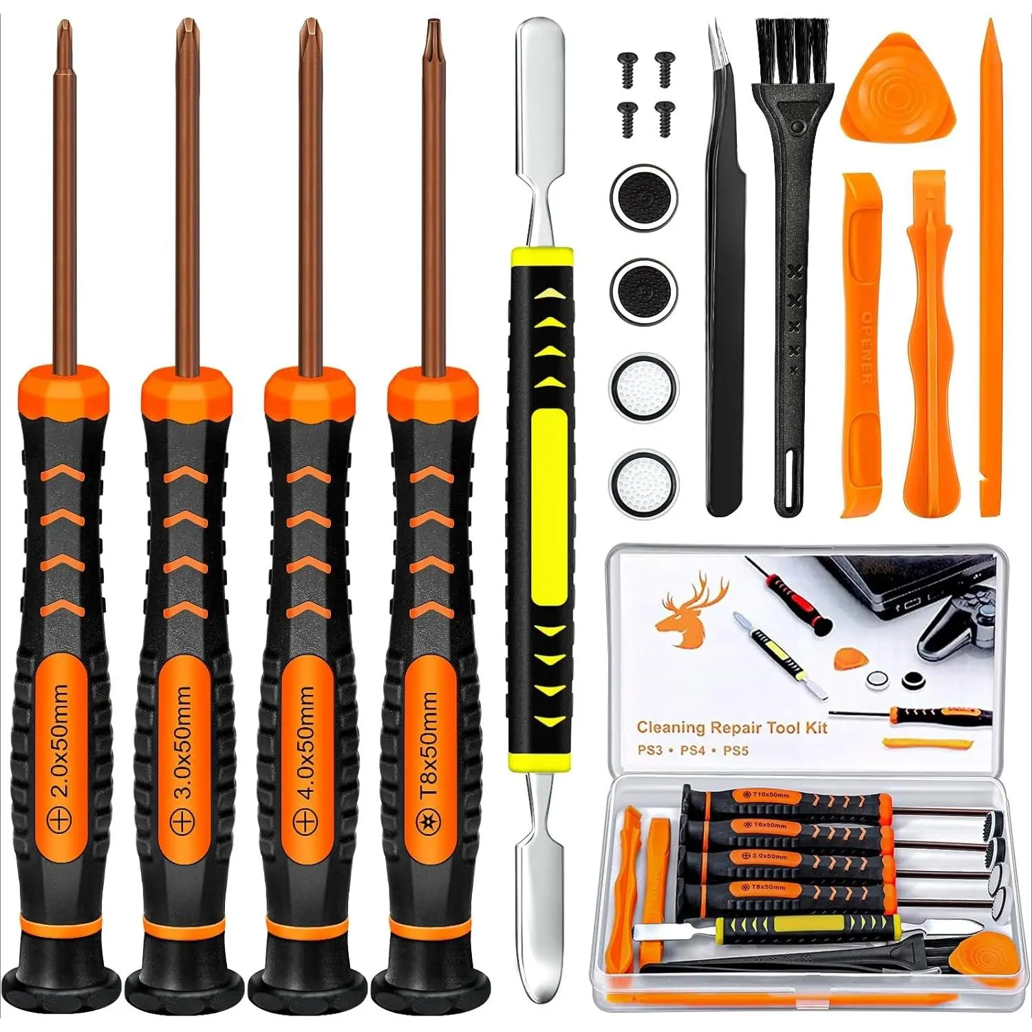3C9-KCK003   Cleaning Repair Tool Kit for PS5 PS4, with PH00 PH0 PH1 Phillips and T8 Torx Security Screwdriver set for Sony Playstation 3/4/5 Controller, Console, and Accessories, Crowbars, Tweezer, Screws, Ergonomic Grip, High-Grade Metal Double-Ended Cr