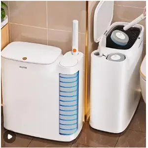 Trash Can With Toilet Brush And Brush Head |   White Rectangular Modern Bathroom Narrow Seam Trash Can With Lid, Disposable Toilet Brush, Ivory, Bathroom Decor And Accessories, Floor Mount, Plastic