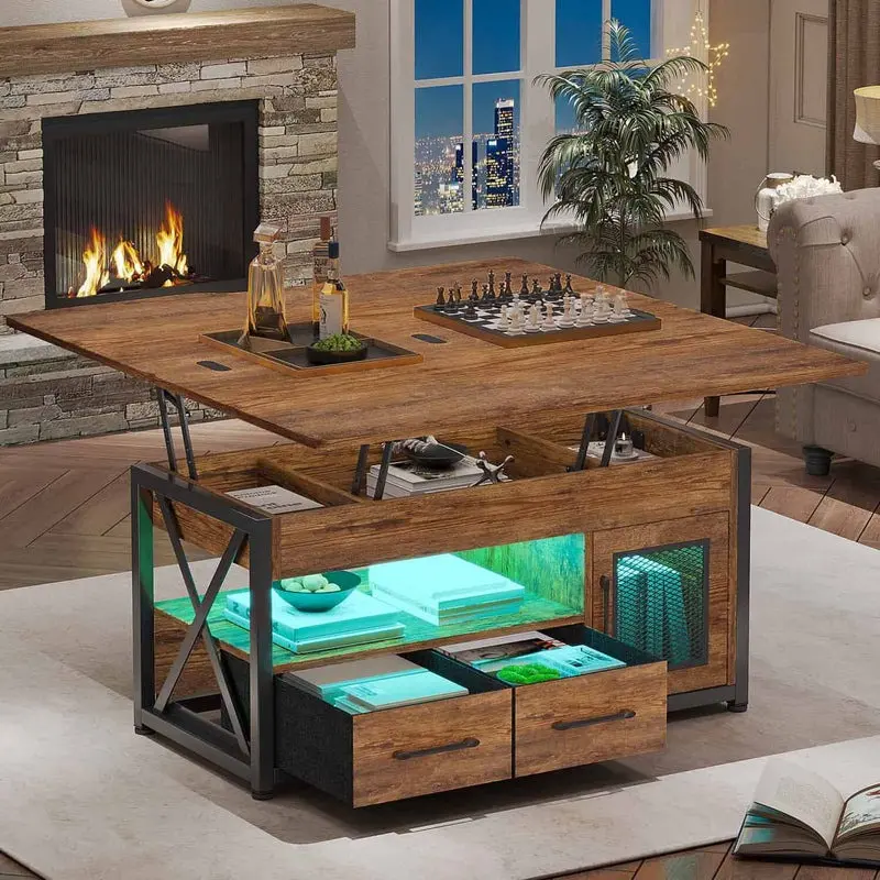 Sikaic 40 Inch 4-in-1 Convertible Lift Top Coffee Table with Storage, Farmhouse Coffee Table with 2 Drawers, Cabinet and LED Lights