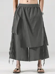 INCERUN Men's Minimalist Simple Casual Dual Layer Design Plain Solid Color Elastic Waist Long Fitted Straight Pants,  Perfect for Daily Wear