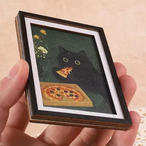2D ACRYLIC Mini Size Photo Frame Refrigerator Magnet, Fun Home Decoration Prop, Printed with Black Cat and Pizza Patterns, Unique and Exquisite Holiday Gift, Ideal Gift for Home Decoration