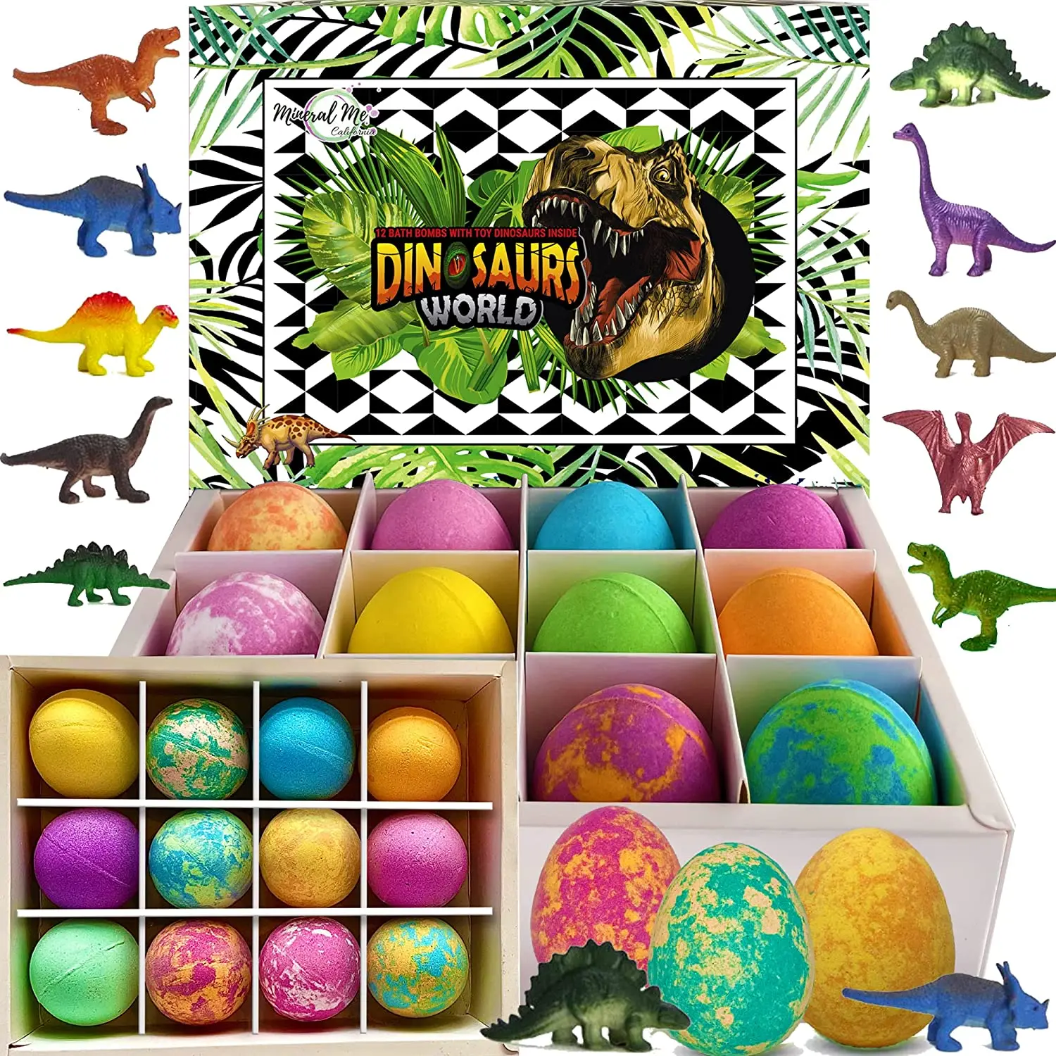 Mineral Me California Dinosaur Bath Bombs Bubble Bath Fizzies with 12 Surprise Dinosaur Toys Inside Kids Friendly Scents and Essential Oils