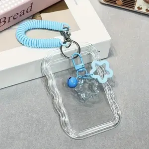 Stretchable ID Holder with Keychain and Wrist Strap, Transparent PVC Card Case with Security Lock, Durable Student Campus Card Wallet
