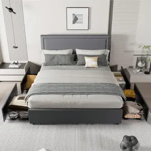 Flurevio Upholstered Bed Frame With 4 Storage Drawers, King\Queen\Full\Twin Bed Frame Sizes Available, With Riveted button Upholstered Headboard And Footboard, Wood Slatted Support, No Box Spring Required, Beige/Black/Grey