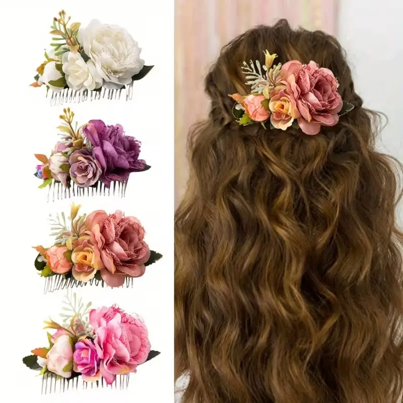 4pcs Floral Metal Hair Side Combs with Artificial Roses - Elegant Wedding Bridal Clips & Bun Hairpins,Wedding Hair Accessories|Decorative Hair Combs summerwins accessories women