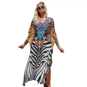 Women's Plus Size Casual Viscose Fabric Mumu Dress - Boho Batwing Sleeve Caftan, Side Slits, Long Nightgown & Beach Cover Up, Leopard Point-1 - A1 Clothes
