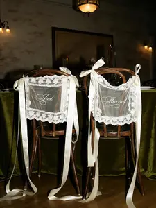 Just Married Chairs for Wedding Reception, Bride & Groom Sweetheart Table Chairs Back, Vintage Sheer Lace Wedding Decorations with Ribbon, Photo-Ready Banner Set of 2