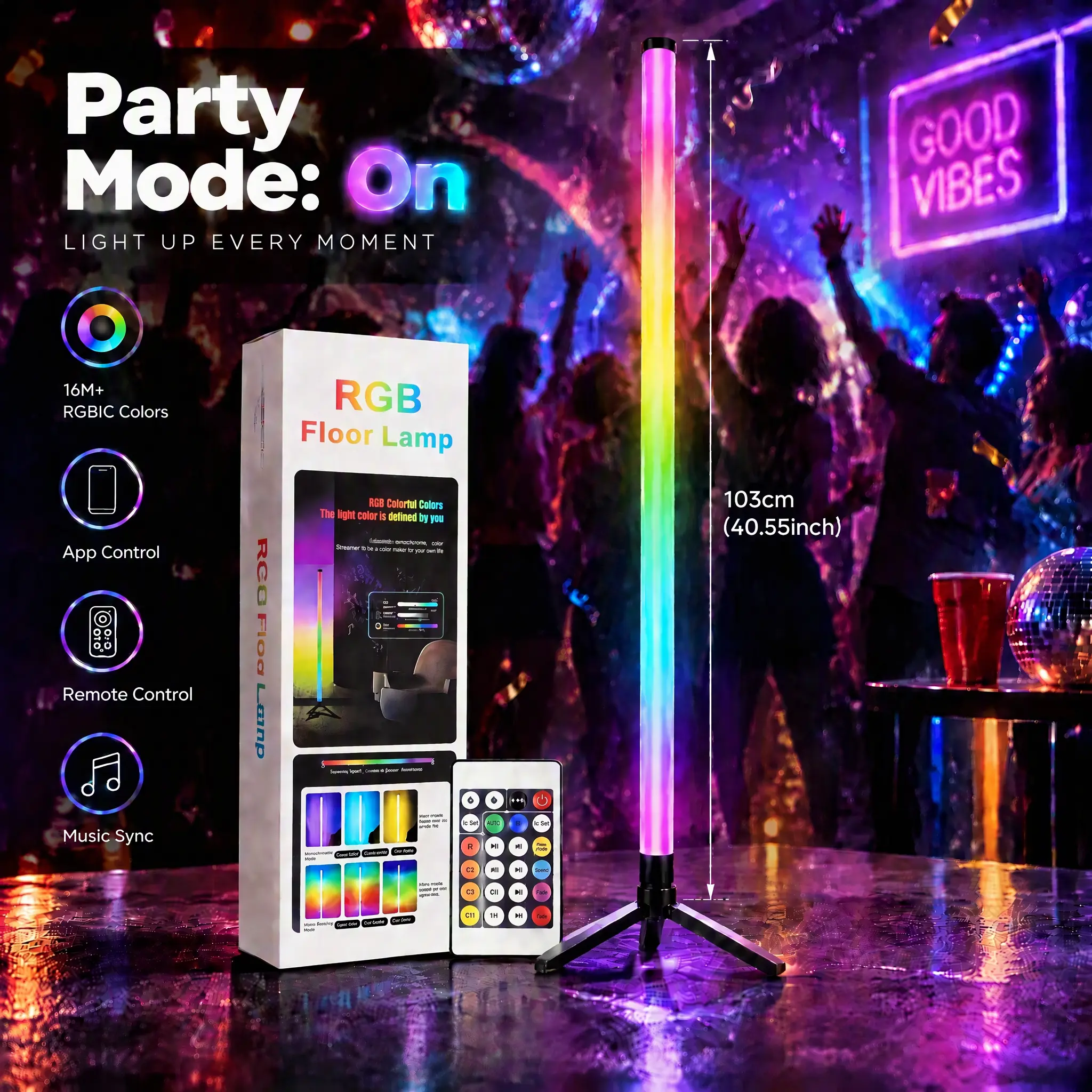 2-Pack Color Changing RGB Corner Floor Lamps - Dimmable LED Multicolor Mood Light, Smart Indoor APP & Remote Control, Music Sync, 5V Wireless Power, Gaming Room Decor for Gamers (16M RGB Colors)