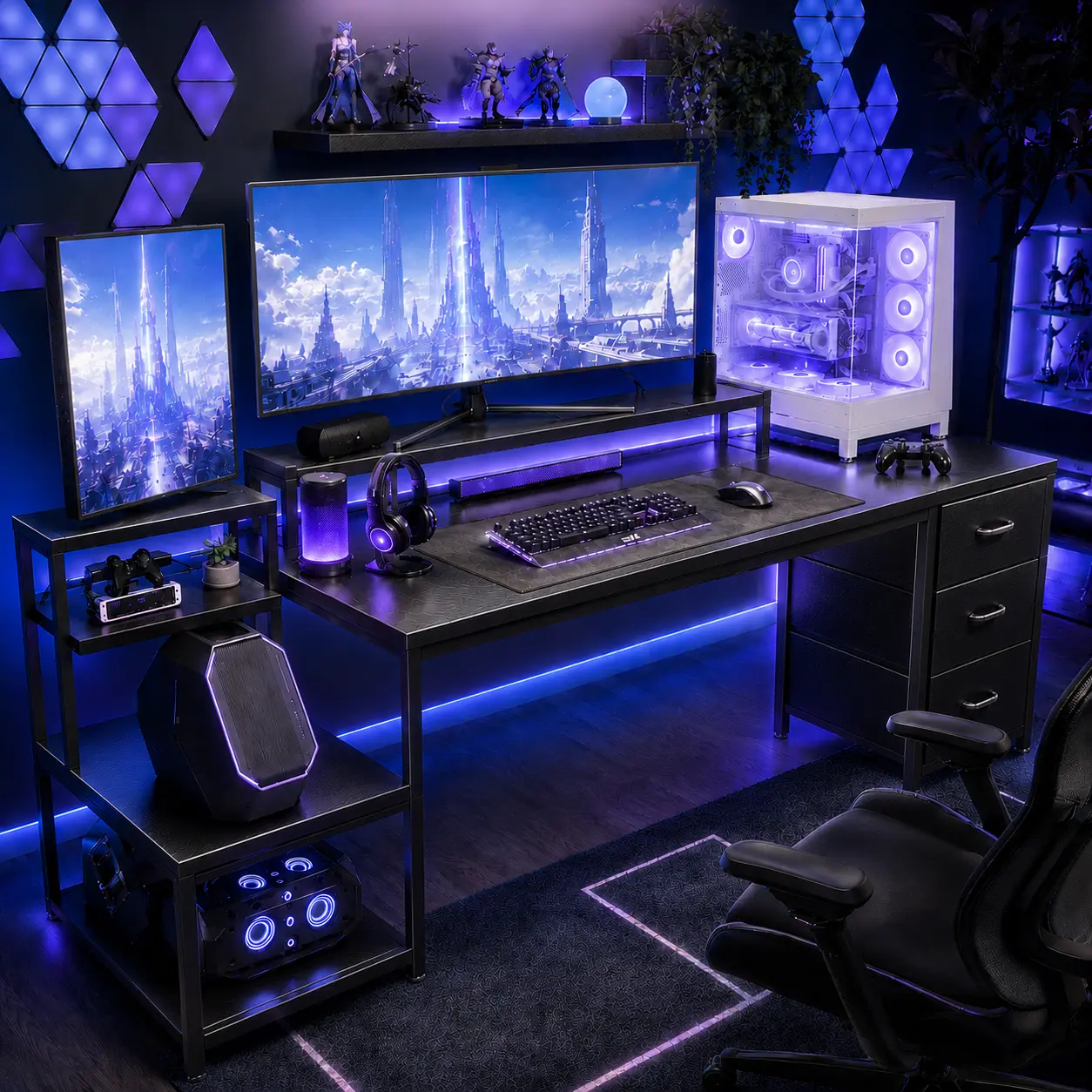 【Summerwins】71" L-Shaped Gaming Desk with 3 Drawers, Computer Desk with Power Outlet & LED Lights, Reversible Home Office Table with Storage & Monitor Stand Corner Desk, Black Carbon Fiber Finish,Easy assembly, An Ultra-cool e-sports gaming desk,Black
