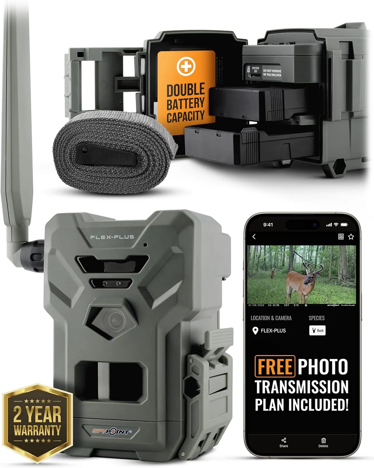 Flex-Plus Cellular Trail Camera, 36MP Photos and 1080p Videos w/Sound, Double The Battery Capacity, GPS-Enabled, Dual-SIM LTE Connectivity, 100' Flash & Detection Range, 4 Capture Modes | 36MP Photos, 1080p Video with Sound, Dual-SIM LTE, GPS