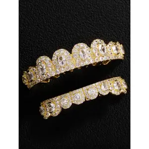 2pcs/set 14K Gold Plated Colorful Zircon Full Grillz Set, Gold/Silver-Tone Luxury Hip Hop Accessory, Suitable For Streetwear & Statement Looks, Gift For Fashion Enthusiasts (Unique Craft, Actual Item May Vary)