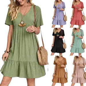 Women's Beach Dresses with A-line Pleated Dresses in Solid Colors