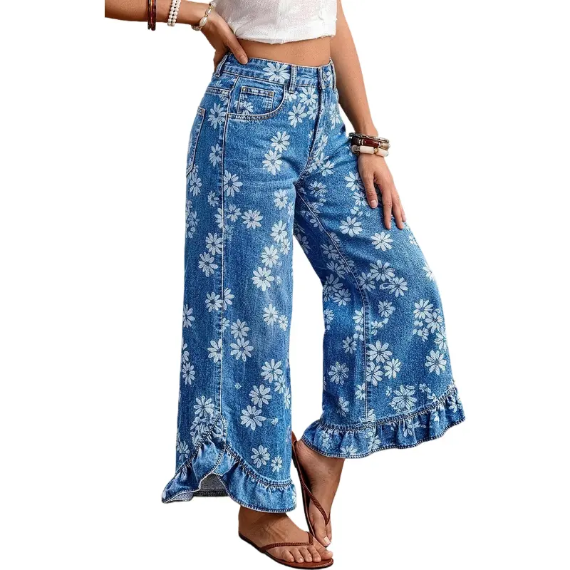 Flamingals Wash Floral Print Ruffle Hem High Waist Wide Leg Jeans Stretchy 26'' Inseam