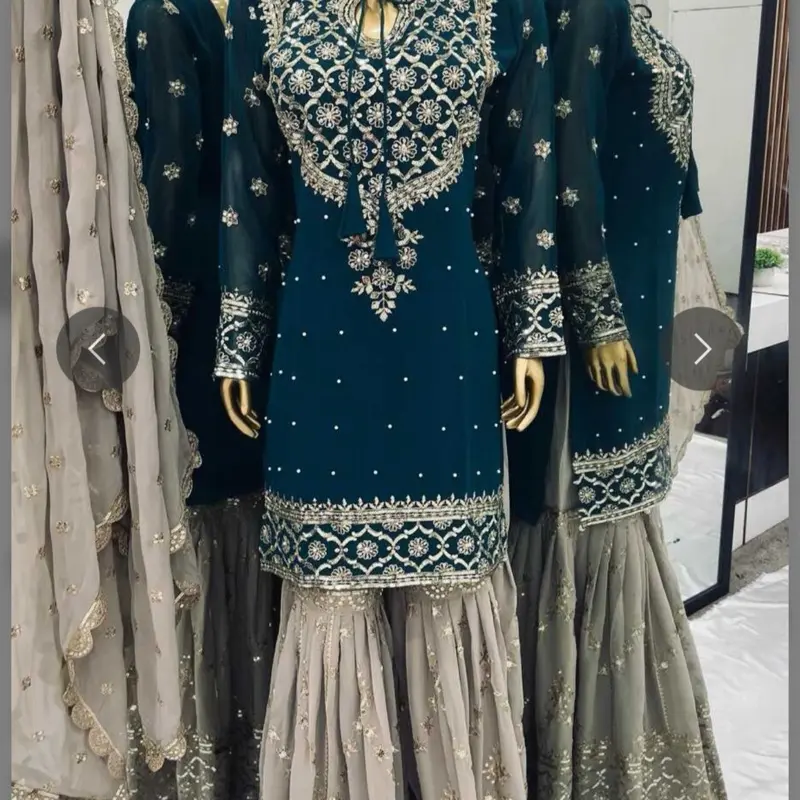 DESIGNER GEORGETTE EMBROIDERY SEQUENCE WORK TOP SHARARA WITH DUPATTA RAMA for Women's Wear Clothes - Womenswear