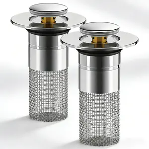 Bathroom Sink Stopper Hair Catcher Universal Pop Up Sink Drain Filter with Stainless Steel Filter Basket & Brass Drain Plug