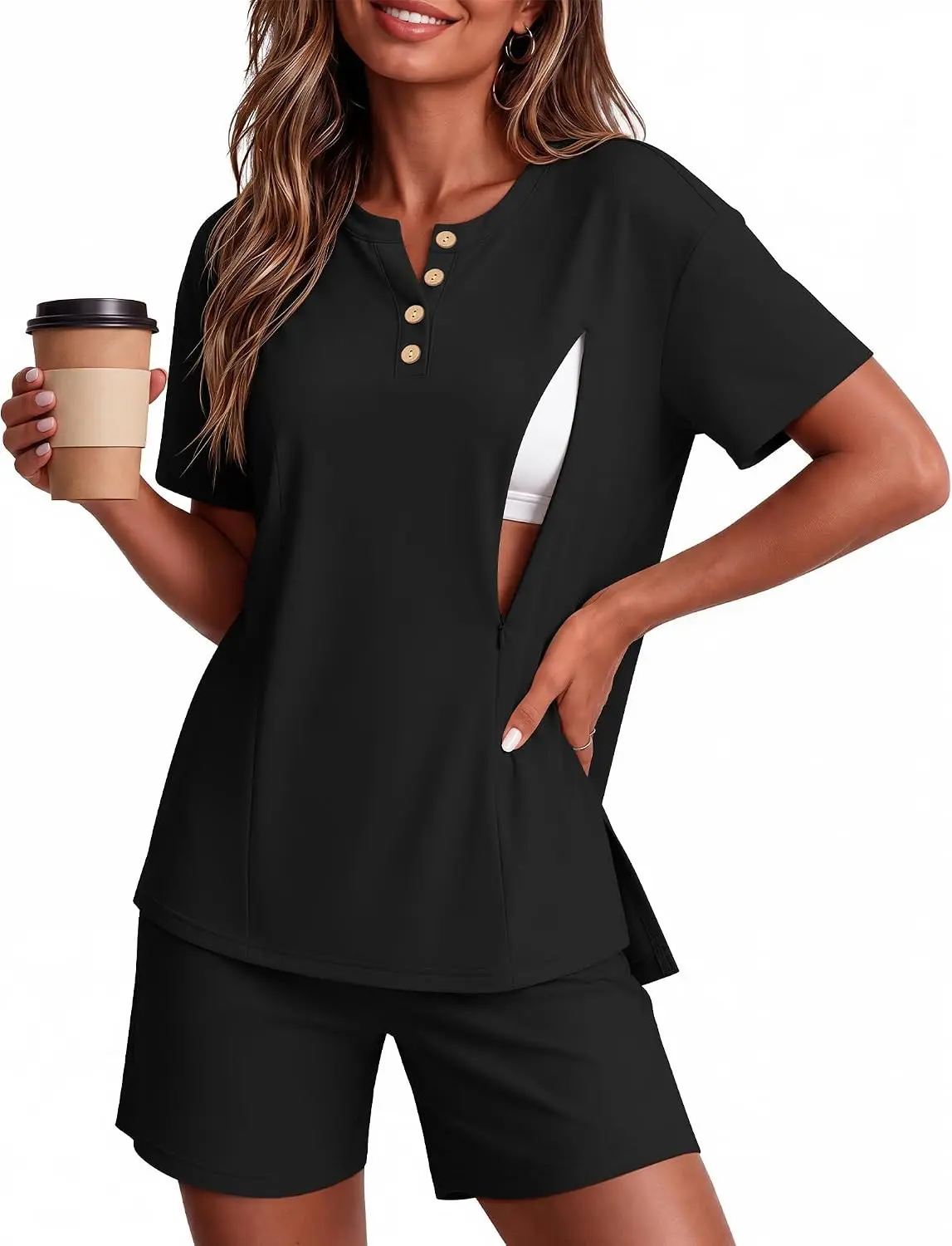 Women's 2-Piece Maternity Nursing Pajama Set - New Mothers' Postpartum Wear, Short Sleeve & Shorts with Hidden Zipper, Two Piece Set, Breastfeeding