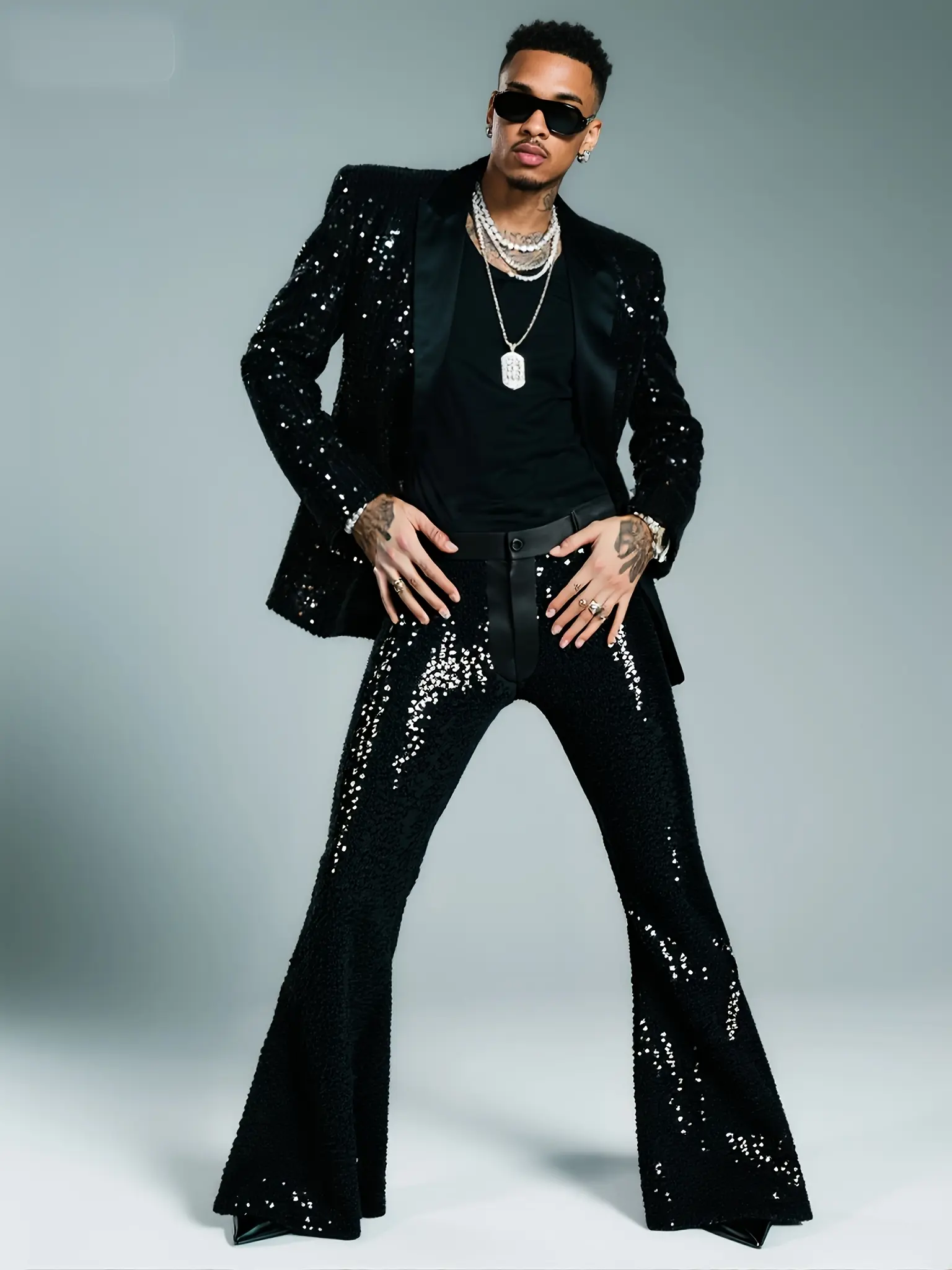 Men's sequined flared pants, wide leg pants, hip-hop style pants, party essential pants