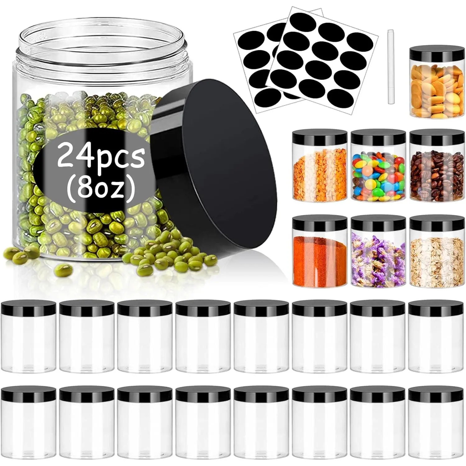8oz Plastic Jars with Lids 24 Pack Clear Plastic Slime Containers Stackable Round Empty Clear Jars with Black Lids Pen Labels Refillable Slime Jar for Kitchen Storage Spices Dry