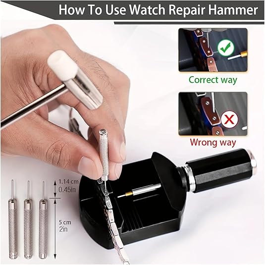Watch Link Removal Kit, Can be Used for Strap Length Disassembly and Adjustment, Watch Strap Removal Tool, Tool Hammer, Cleaning Cloth and Spare Needle, with User Manual.