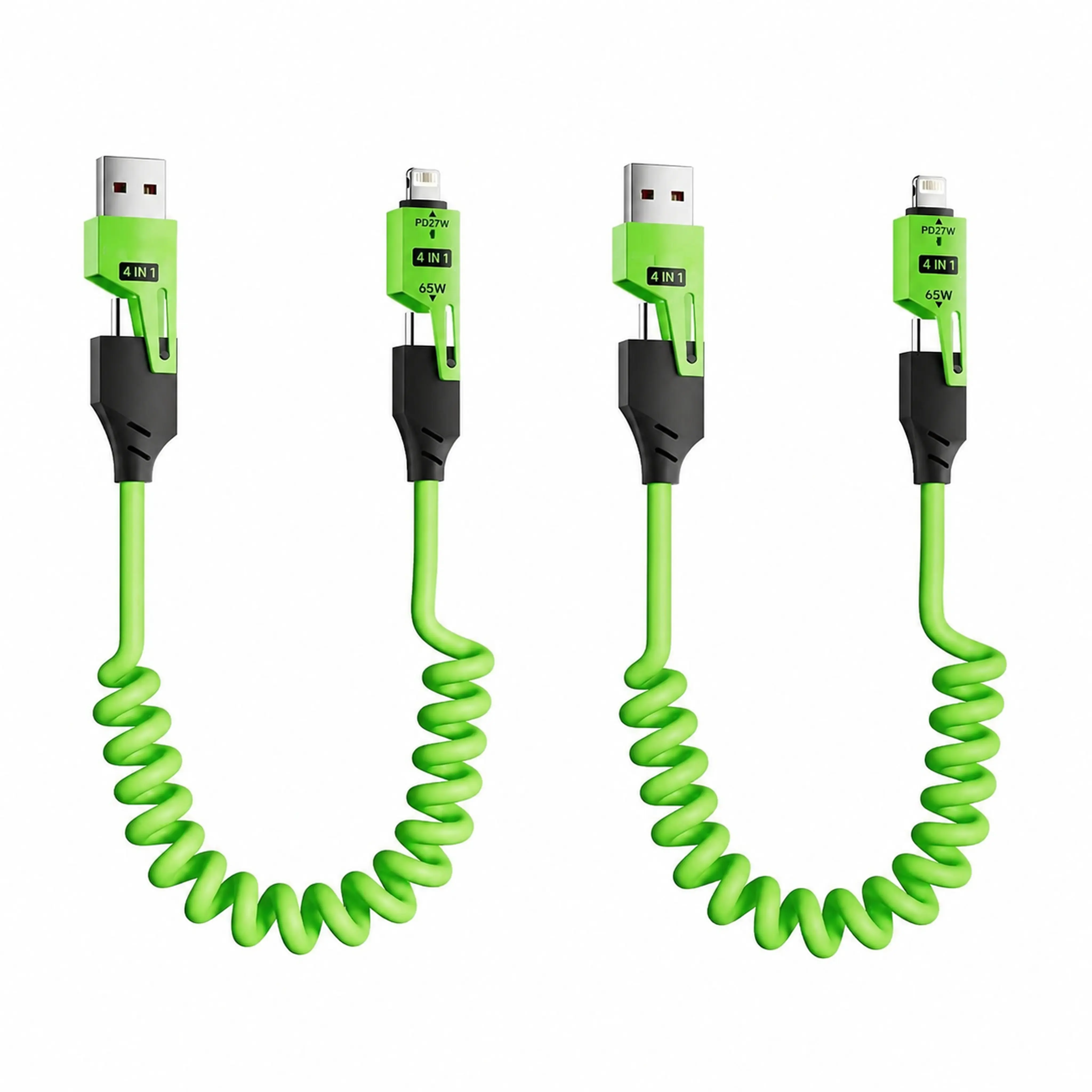 2 Pack 4-in-1 65W PD Fast Charging Coiled Spring Cable, Multi Connector Retractable Charging Cord, USB A / Type-C / Lightning Switchable Charger Wire