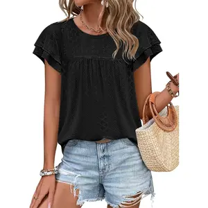 Women's Summer Tops Crewneck Eyelet Ruffle Short Sleeve Blouses Casual Babydoll Shirts 2025 S-2XL Lightweight Soft Knitted Fabric Trendy Babydoll Style