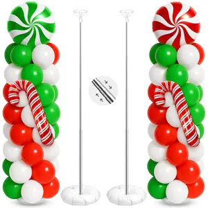 2 Sets Christmas Balloon Column Stand Kit With Candy And Candy Cane Foil Balloons, Latex Balloons, Adjustable Balloon Stands For Xmas Holiday Party Decor(Red And Green)