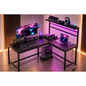 61.6"L-Shaped Gaming Desk – LED & Power Setup (Black)