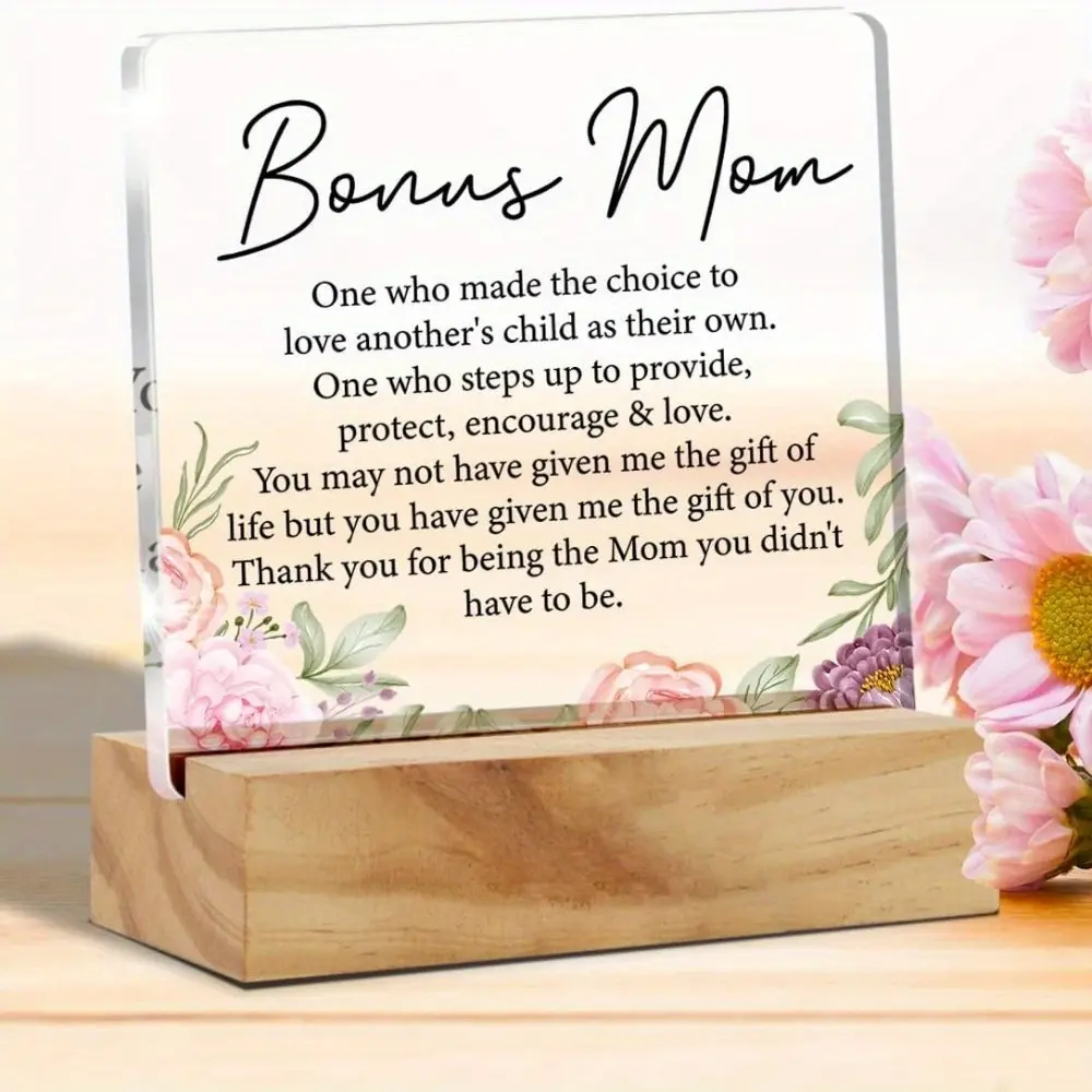 Decorative Acrylic Desk Plaque Sign with Stable Wooden Stand, Floral Room Accessories, Home Display Gifts for Stepmom