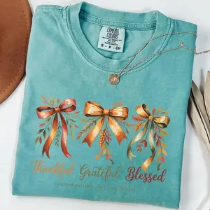 Comfort Colors Christian Thanksgiving Shirt, Thankful Grateful Blessed Shirt, Religious Fall Tee, Coquette Bow Thankful Shirt, Faithful Tee