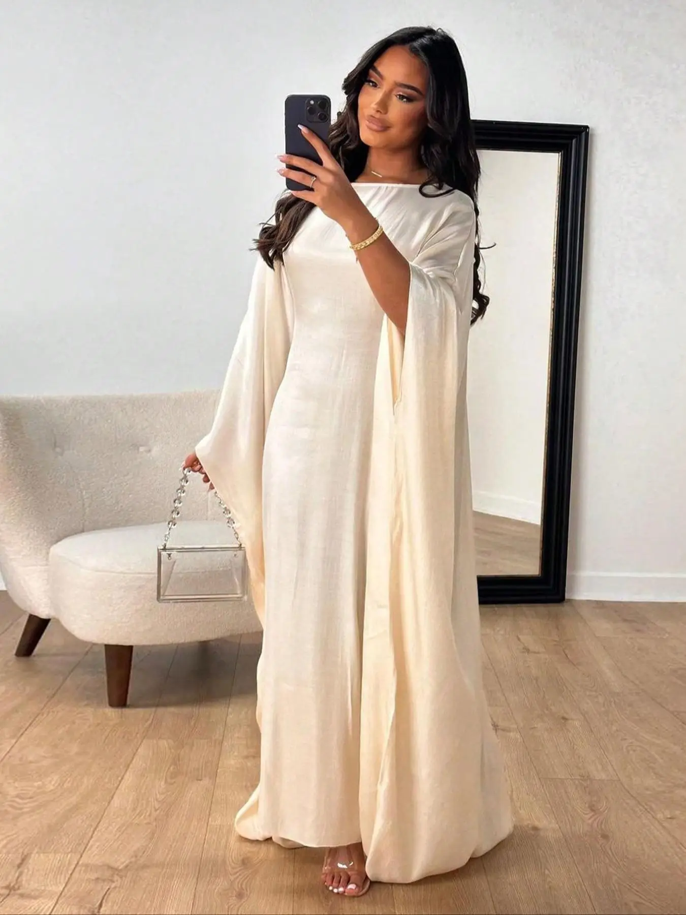 Women's Solid Color Long Sleeve Dress, Elegant Casual Muslim Dress for Party Wedding Guest, Ladies Clothes for All Seasons