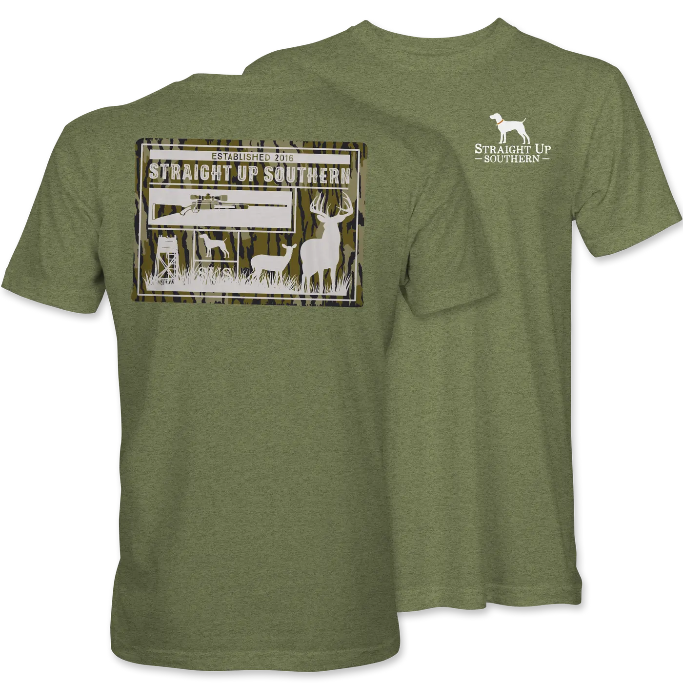 Men's Fitted Cut Vintage Dark Heather Round Neck Camo-Sleeve Deer Hunting Graphic Cotton T-Shirt - Menswear, All Seasons Casual Southern Style Outdoor Tops for Outdoorsmen
