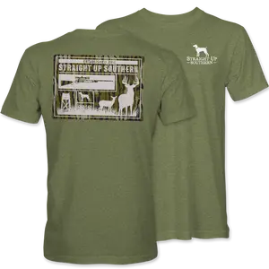Deer Hunting Graphic Tee for Outdoorsmen – Southern Style Camo Shirt with Rifle and Wildlife Scene, Perfect for Hunters and Nature Lovers