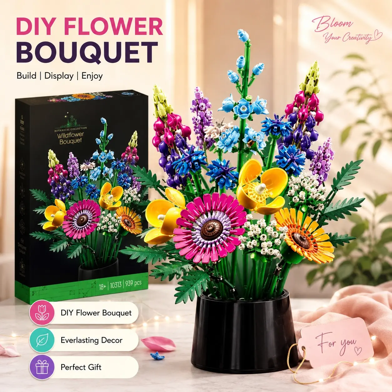 Wildflower Bouquet 10313 Artificial Wildflower Bouquet 939 Pieces Wildflower Bouquet Gift for Flower Lovers Birthday Gift for Her/Him Wildflower Bouquet Building Blocks Flower Bouquet Building Toy Gift Artificial Flowers