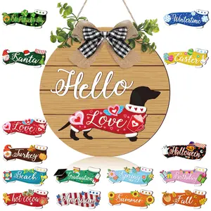 Valentine Dachshund Sign Decor Interchangeable Dachshund Dog Welcome Sign with Magnet Detachable Wooden Sign for Valentine's Day Party Holiday Seasonal Birthday Home Wall Office Living Room Garden, Farmhouse Porch Front Door, Gift for Dog Lovers