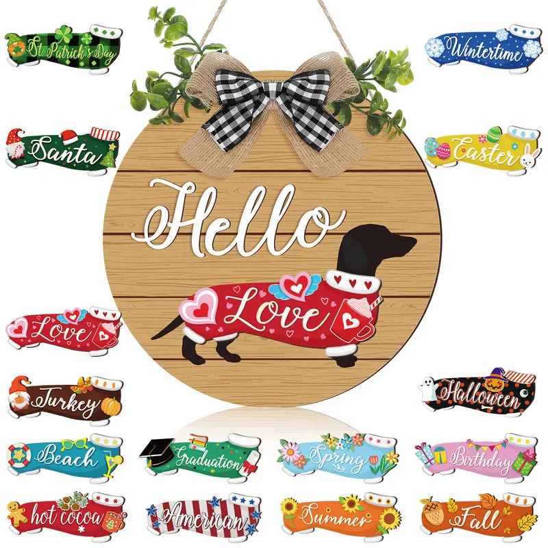 Valentine Dachshund Sign Decor Interchangeable Dachshund Dog Welcome Sign with Magnet Detachable Wooden Sign for Valentine's Day Party Holiday Seasonal Birthday Home Wall Office Living Room Garden, Farmhouse Porch Front Door, Gift for Dog Lovers