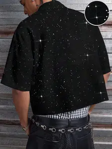 Men's Casual Short Sleeve Shirt, Starry Rhinestone Details, Silver Color Fabric, Perfect for Formal Events, Unique Design, Versatile Style