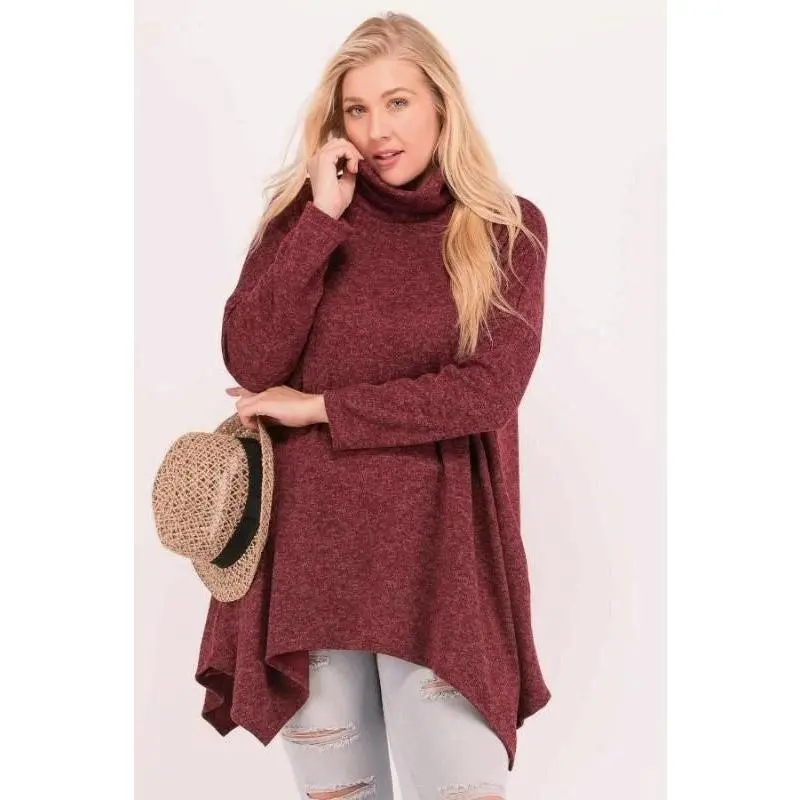 Janette Plus Sharkbite Turtleneck Tunic - Burgundy
