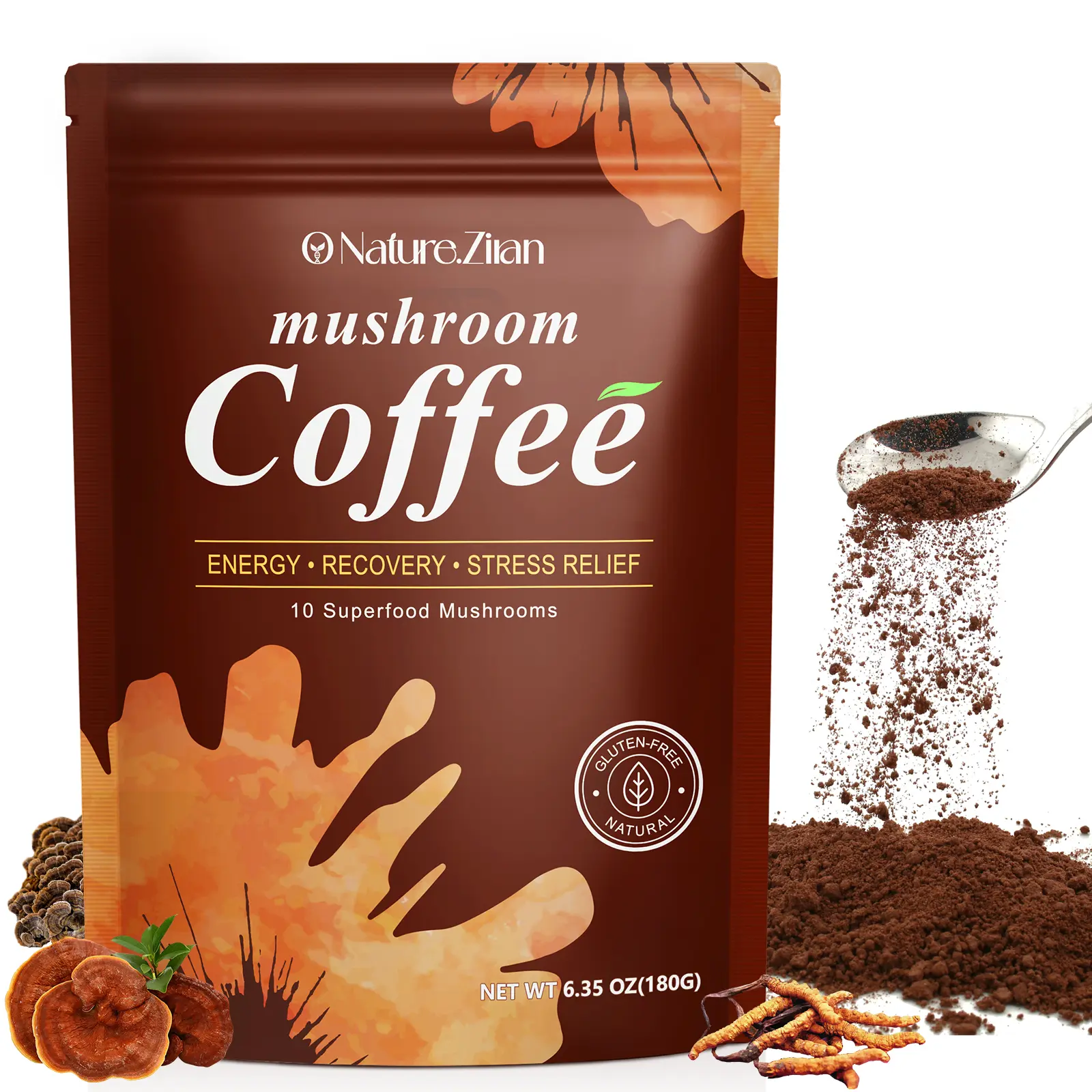 O NATURE . ZIRAN Organic Medium Roast Mushroom Instant Coffee Beverage - 6 Adaptogenic Mushrooms, Sugar-Free, Supports Balanced Energy & Focus summervibes, Coffee With Mushrooms, Mushroom Coffee Blend summerwins