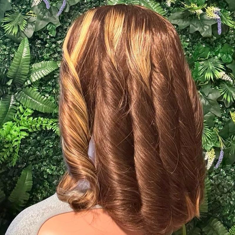 Sandra Hair Honey blonde Highlighted  Ombre Bob Straight Human Hair 14 inches 13x4 frontal lace with band Pre-Cut Synthetic 150  density  wig full black wig