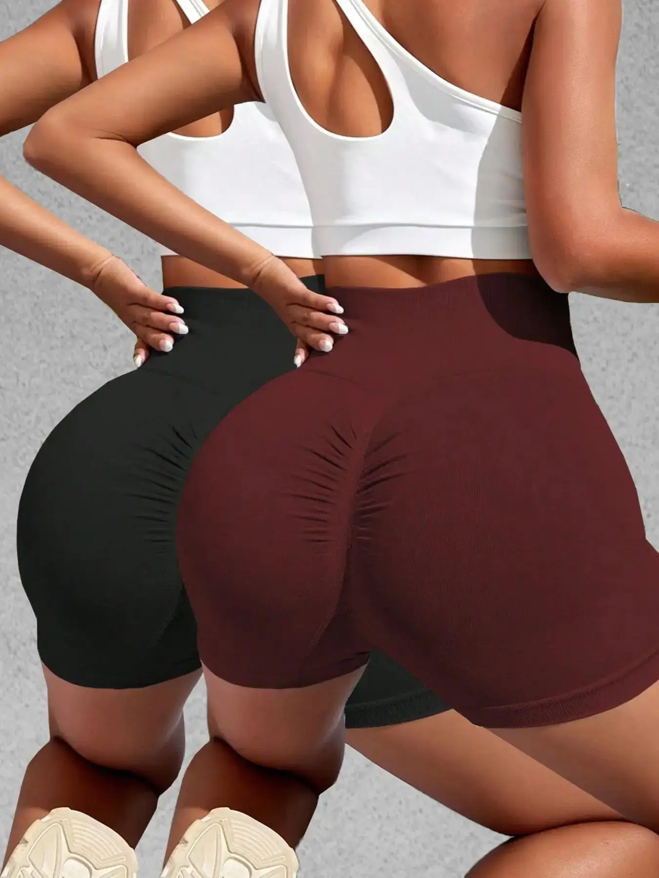 Women's 2pcs Solid Ruched High Waist Sports Shorts, Gym Shorts, Casual Comfy Breathable High Stretch Seamless Shorts for Yoga Gym Workout Running, Gym