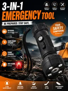 3-in-1 Emergency Flashlight with FM Radio, Hand Crank Solar Power Bank, SOS Alarm, Portable Survival Gear for Camping & Blackout