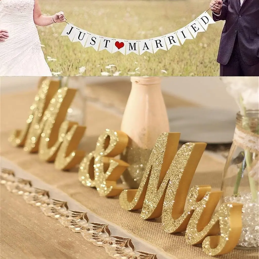 Large Gold T-Stand Mr & Mrs Freestanding Letter Sign with Just Married Glitter Banner - Wedding Table Decor, Party Gifts for Couples, Indoor & Outdoor Use, Indoors