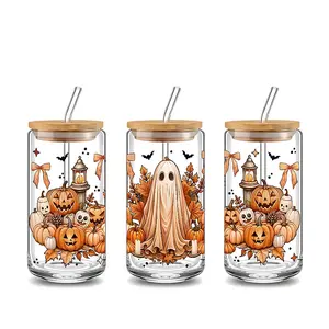 Gothic Cute Halloween Ghost Autumn Design 16oz Glass Water Cup with Lid and Straw, Bamboo Lid Reusable Gass Drinking Cup, High-Quality Glass Jar Design, Suitable for Iced Coffee, Beer, Juice, Milk, Cold Drink Glass Cups, Fashionable Glassware