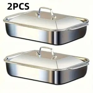 4-Piece (2 Stainless Steel Deep Pans And 2 Lids With Handles) Heavy-Duty Stainless Steel Rectangular Fish Baking Tray With Lid, Large Capacity Multi-Purpose Heating Tray, Suitable For Barbecue, Buffet And Home Cooking, Suitable For Dessert