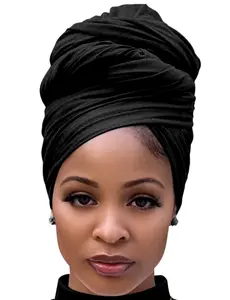 Black Hair Wrap for Women Long Stretch Jersey Head Scarf Summer Breathable Lightweight Turban Solid Color