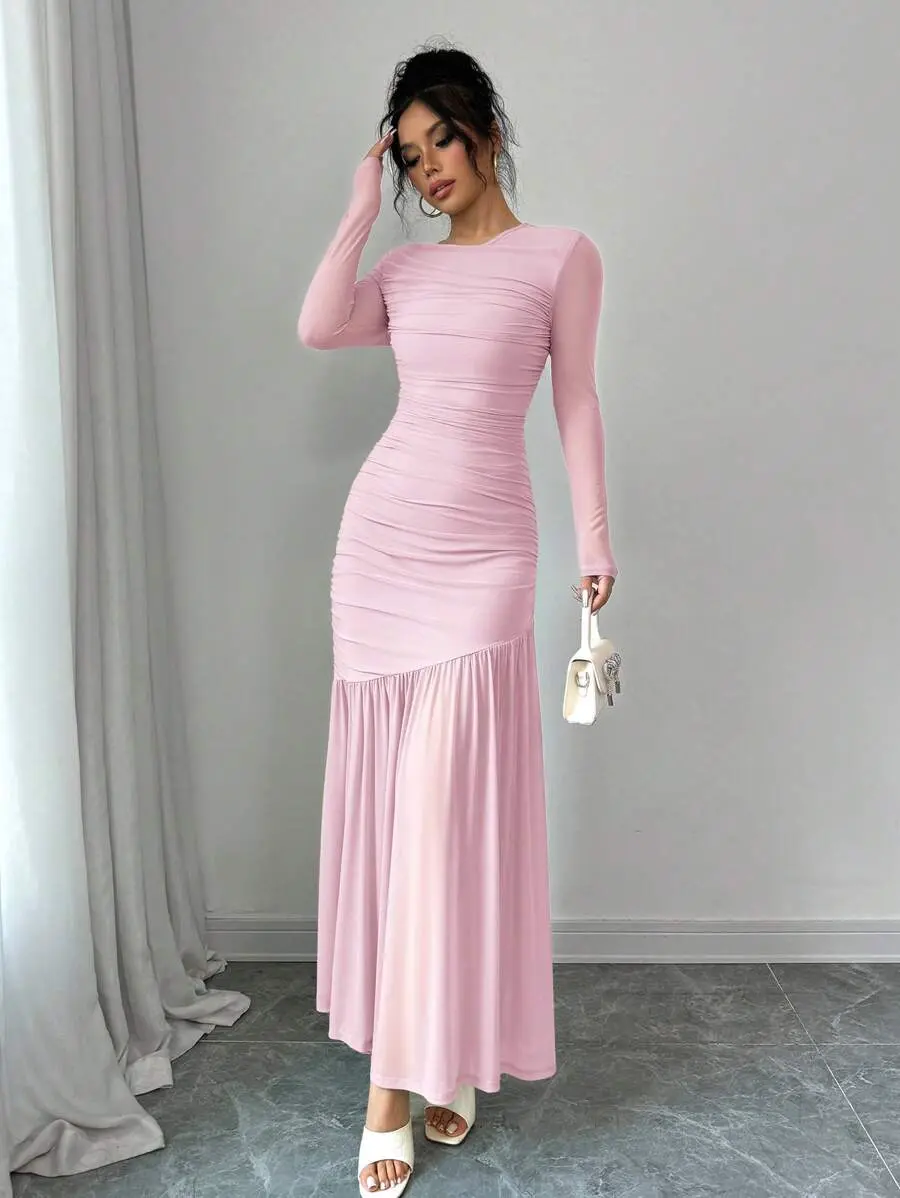 MURACHIC Women's Mesh Long Sleeve Round Neck Long Dress, Autumn Loose Fit Casual Dress, Suitable For Fall Apparel, Back To School, Teacher's Outfit