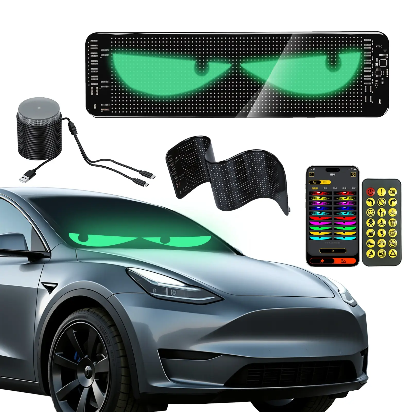 Quplavo Devil Eyes LED Car Windshield Lights - 14.72in x 3.62in Cool Car Accessories, Perfect Sync, Programmable Patterns, App/Remote Control, for Sedans/SUVs, 1-Pack Custom Dynamic Sign,Devil Eye Strobe Warning Light